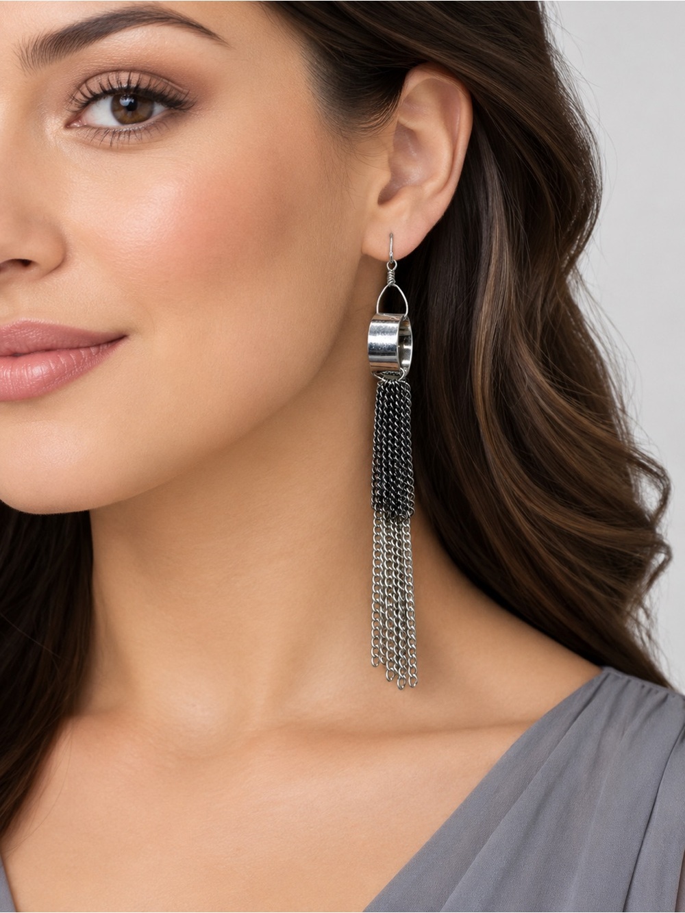 Long Black & Silver Fringe Chain Earrings | Silver-Tone Dangle Fishhook Earring